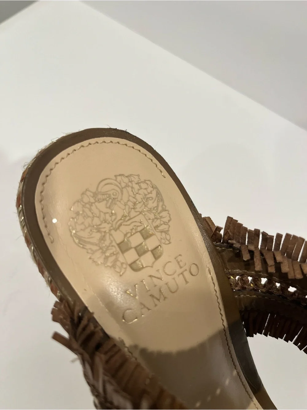 Woven Fringe Wedge Sandals in Brown